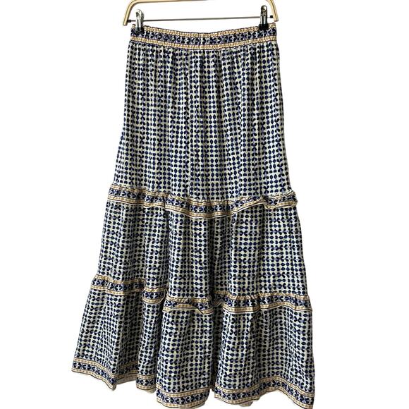 Max Studio Tiered Maxi Skirt Women XL Blue Sketched Dots Cottagecore Peasant NWT - Picture 1 of 9